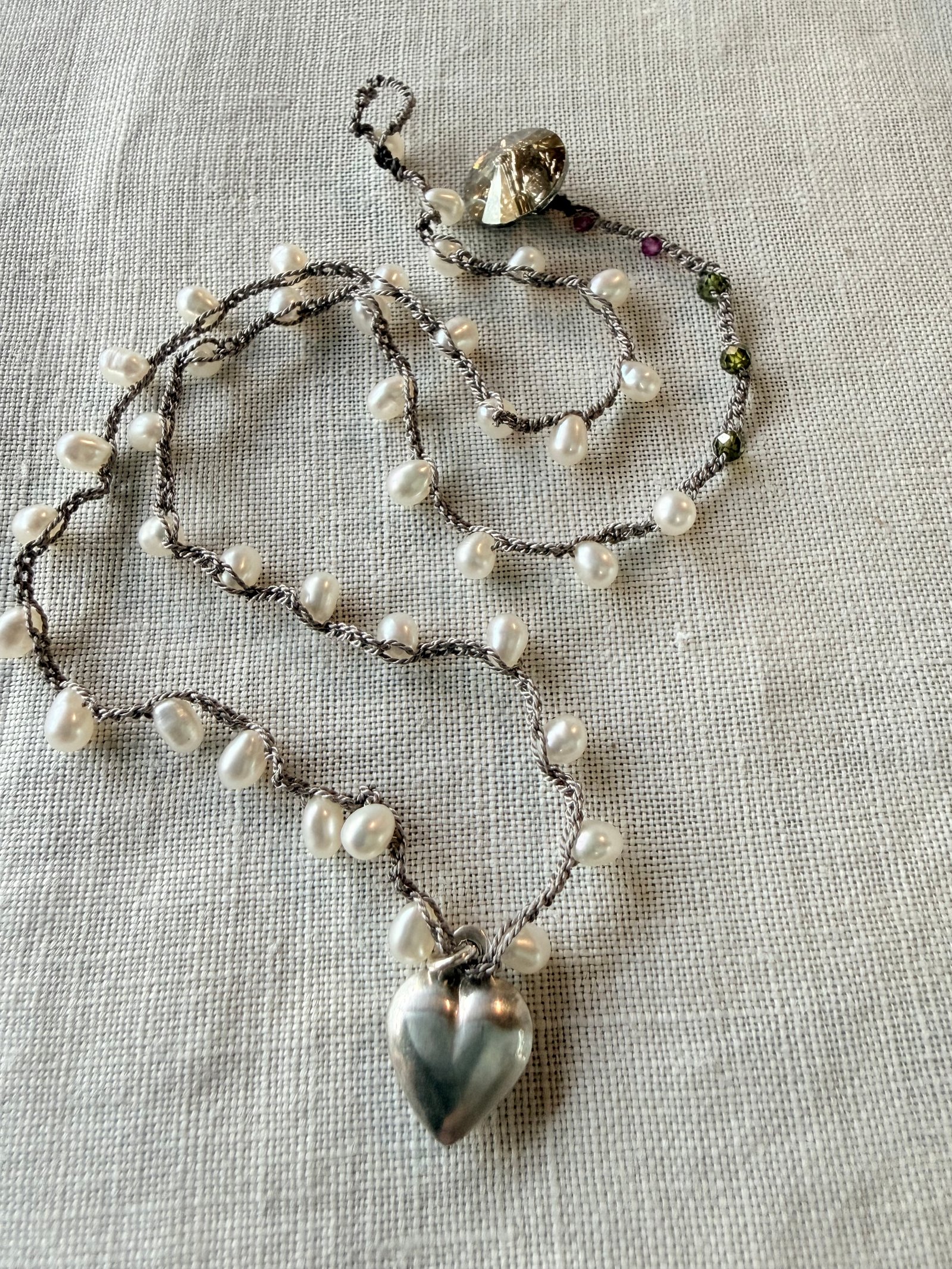 Silver heart pendant and freshwater pearl hand-crocheted necklace